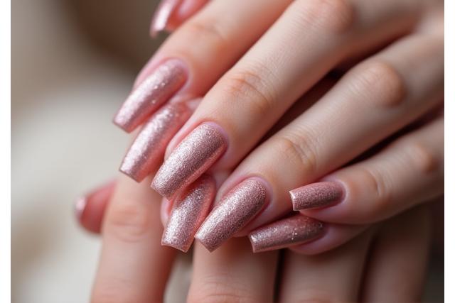 Nahaufnahme von eleganten Nägeln mit kunstvoller Nail Art in gedämpften Rosatönen und Glitzerakzenten.
